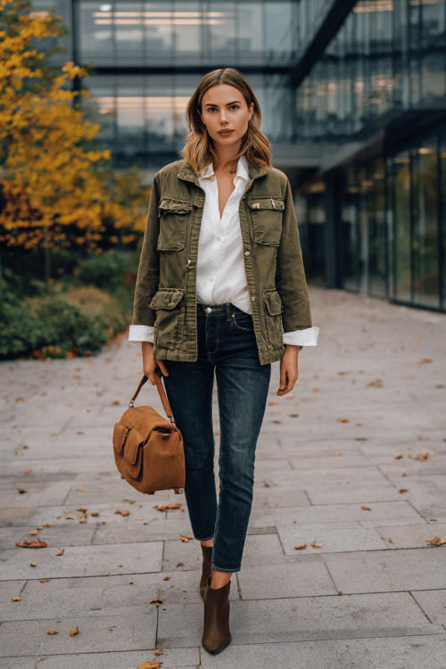 a woman in an olive green utility-style jacket layered over a white silk blouse tucked into slim-fit dark indigo jeans, paired with pointed-toe ankle boots in cognac leather