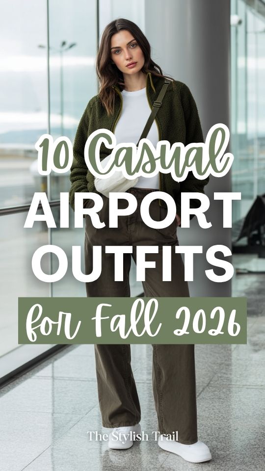 a woman in casual fall airport outfit with a forest green zip-up fleece jacket, white fitted long-sleeve tee, straight-leg olive pants, and clean white trainers