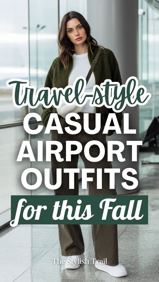 a woman in casual fall airport travel outfit with a forest green zip-up fleece jacket, white fitted long-sleeve tee, straight-leg olive pants, and clean white trainers
