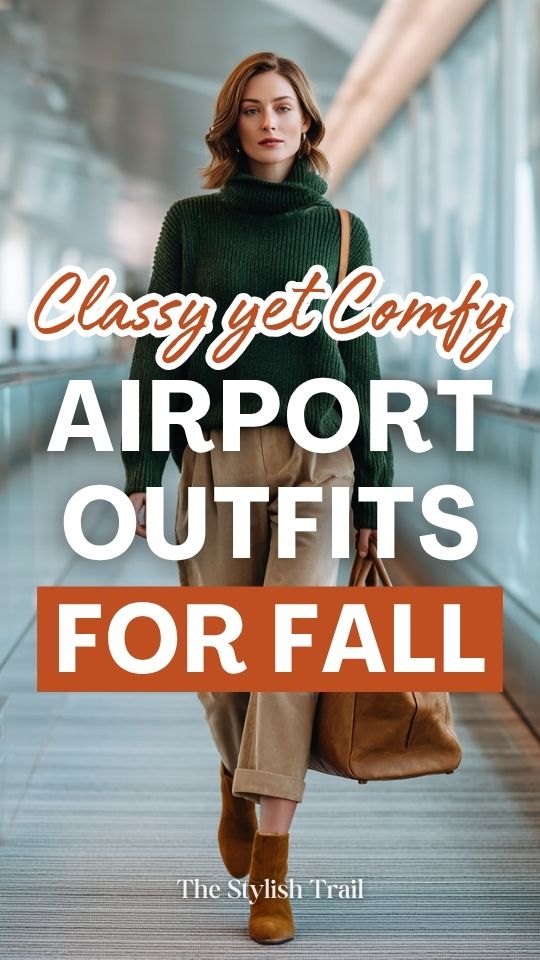 a woman in classy comfy fall airport outfit with a forest green cashmere pullover sweater, tailored beige wide-leg trousers, and tan suede Chelsea boots