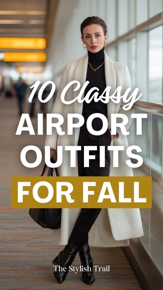 a woman in classy fall airport outfit with a cream white wool longline coat, black fitted ribbed turtleneck, tailored black slim trousers, black leather pointed-toe boots