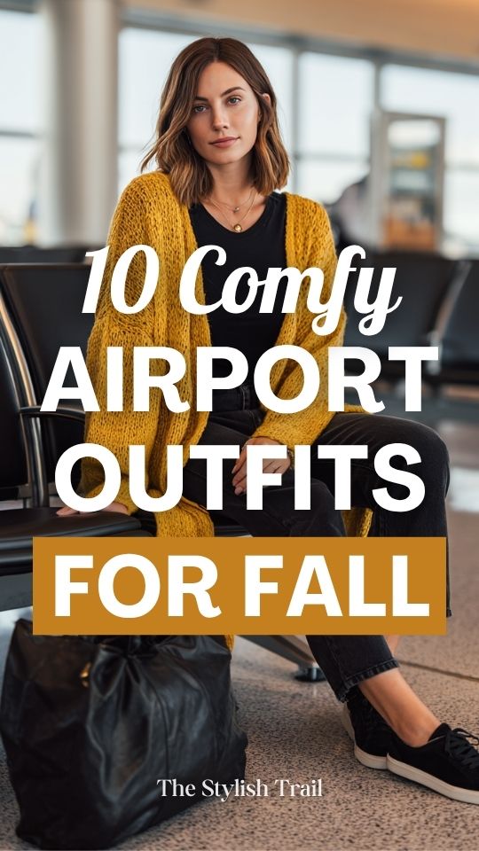 a woman in comfy fall airport outfit with a mustard yellow oversized knit cardigan, black fitted tee, dark straight-leg jeans, and slip-on sneakers