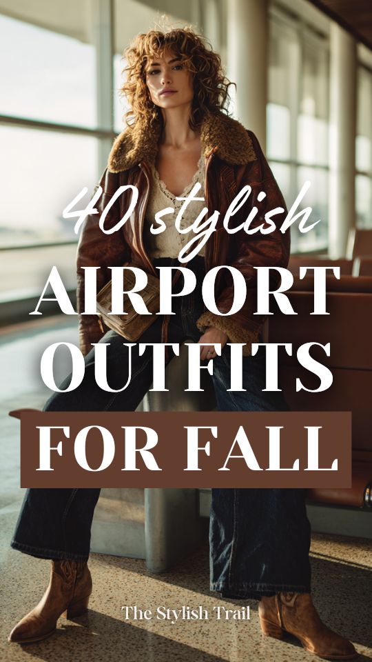 a woman in fall airport outfit with a oversized vintage brown leather jacket, cream lace-trim camisole, wide-leg dark denim jeans, and worn-in tan cowboy boots