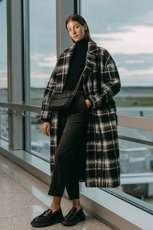 a woman near airport floor-to-ceiling windows, wearing a bold plaid oversized coat in black and white, black fitted mock-neck top, slim dark trousers, and black chunky loafers