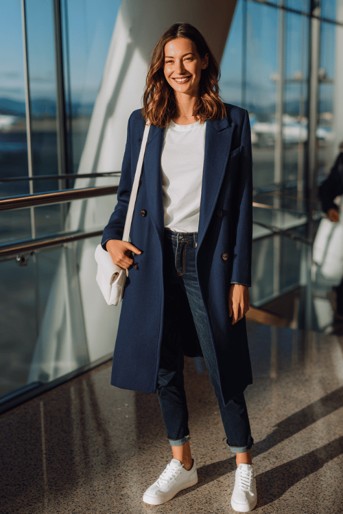 a woman near airport floor-to-ceiling windows, wearing a deep navy blue longline blazer, white fitted tee, straight-leg dark jeans, and white leather sneakers