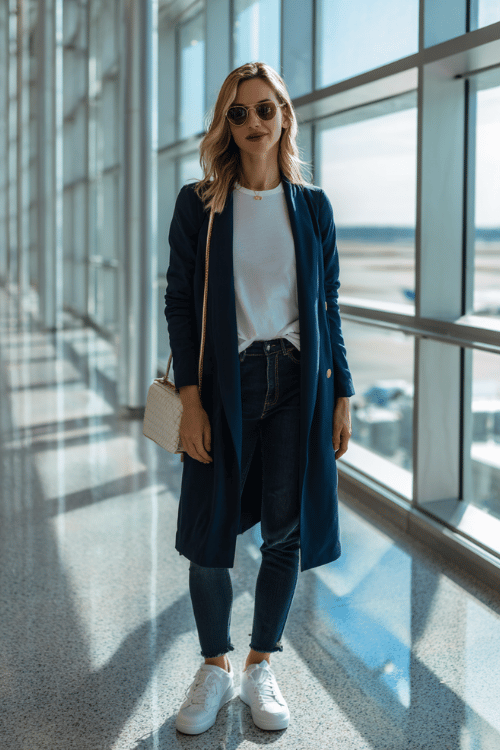 a woman near airport floor-to-ceiling windows, wearing a deep navy blue longline blazer, white fitted tee, straight-leg dark jeans, and white leather sneakers