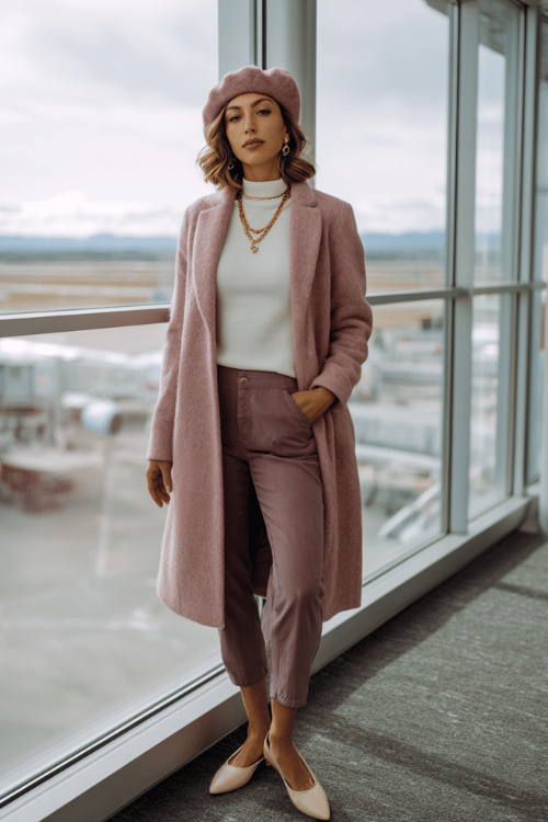 a woman near airport floor-to-ceiling windows, wearing a dusty rose wool beret, matching dusty rose longline coat, white fitted turtleneck underneath, slim dark trousers