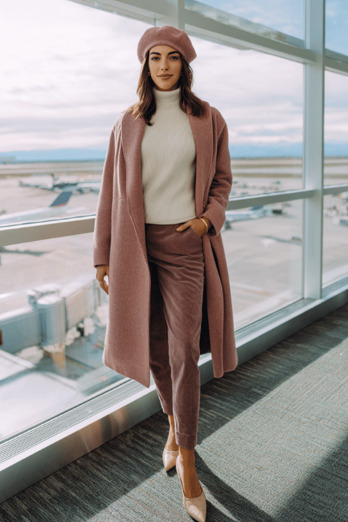 a woman near airport floor-to-ceiling windows, wearing a dusty rose wool beret, matching dusty rose longline coat, white fitted turtleneck underneath, slim dark trousers