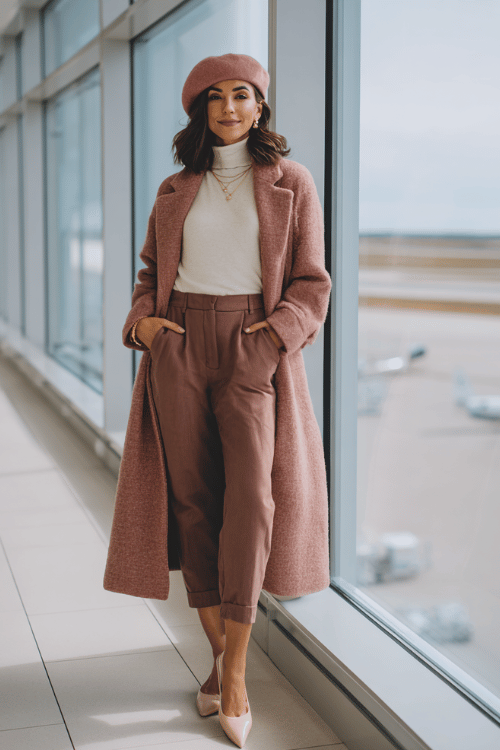 a woman near airport floor-to-ceiling windows, wearing a dusty rose wool beret, matching dusty rose longline coat, white fitted turtleneck underneath, slim dark trousers