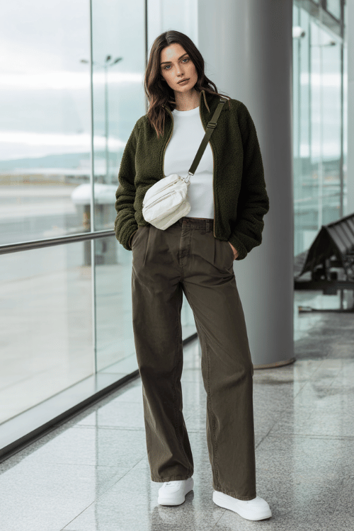 a woman near airport floor-to-ceiling windows, wearing a forest green zip-up fleece jacket, white fitted long-sleeve tee, straight-leg olive pants, and clean white trainers