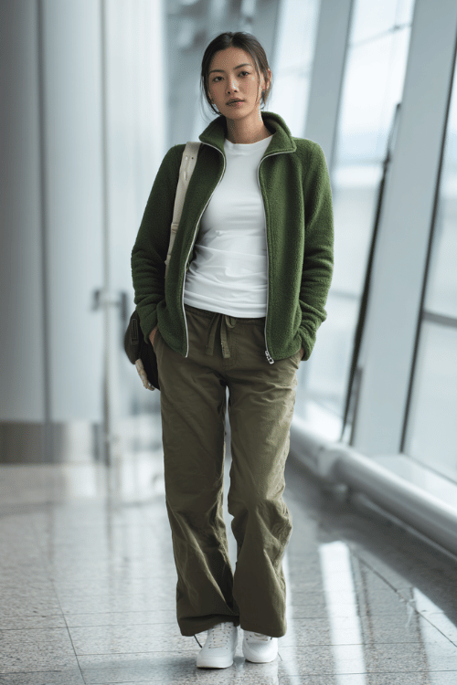 a woman near airport floor-to-ceiling windows, wearing a forest green zip-up fleece jacket, white fitted long-sleeve tee, straight-leg olive pants, and clean white trainers