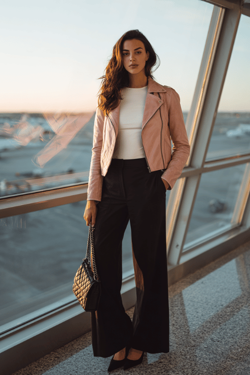 a woman near airport floor-to-ceiling windows, wearing a soft blush pink leather jacket, white fitted long-sleeve tee, high-waist wide-leg black trousers, and black pointed-toe flats 