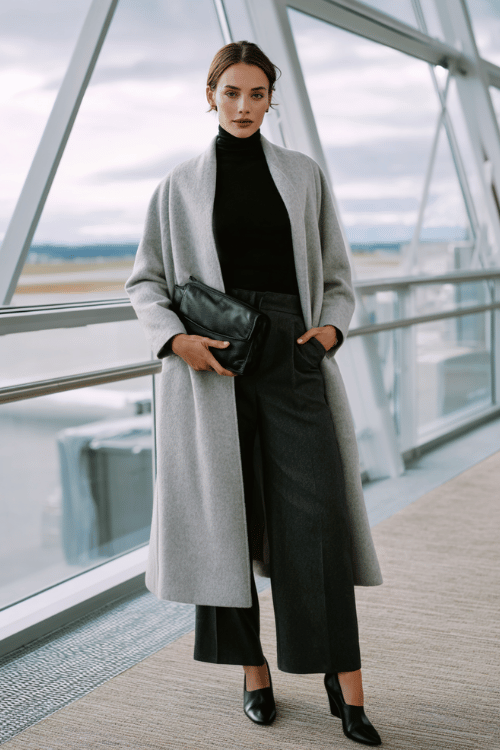 a woman near airport floor-to-ceiling windows, wearing a soft dove grey cashmere wrap coat, black fitted mock-neck top, tailored charcoal wide-leg trousers 