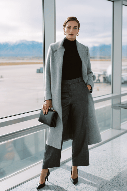 a woman near airport floor-to-ceiling windows, wearing a soft dove grey cashmere wrap coat, black fitted mock-neck top, tailored charcoal wide-leg trousers