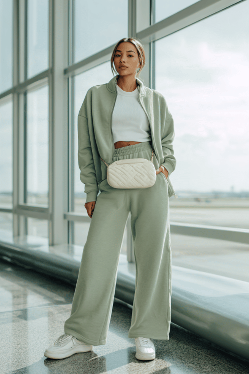 a woman near airport floor-to-ceiling windows, wearing a soft sage green matching sweatsuit with wide-leg joggers and a zip-up sweatshirt, white fitted tee underneath