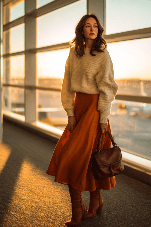 a woman near large airport windows at golden hour, wearing a rust-orange flowing midi skirt, cream oversized knit sweater, and cognac knee-high leather boots