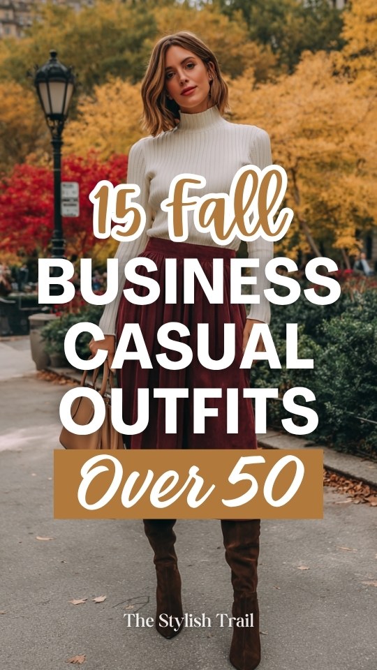 a woman over 50 in a fall business casual outfit with a turtleneck sweater tucked into a pleated midi skirt in deep burgundy, paired with knee-high boots