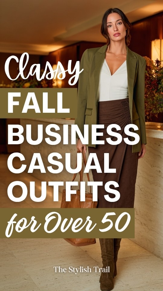 a woman over 50 wearing a classy business casual outfit with an olive green longline blazer over a white fitted camisole, paired with a high-waisted wrap midi skirt in deep chocolate brown, finished with knee-high boots