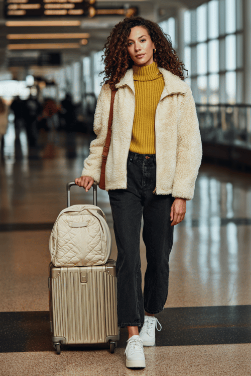 a woman rolling a suitcase through a busy airport terminal, dressed in a cream teddy fleece jacket, mustard yellow ribbed turtleneck, dark straight-leg jeans