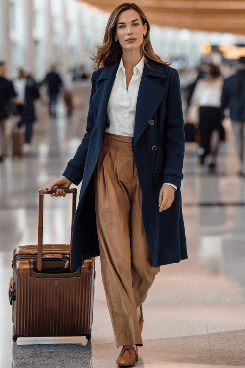 a woman rolling a suitcase through a busy airport terminal, dressed in a deep navy blue belted wool coat, white silk blouse, tailored wide-leg camel trousers, and tan leather loafers 