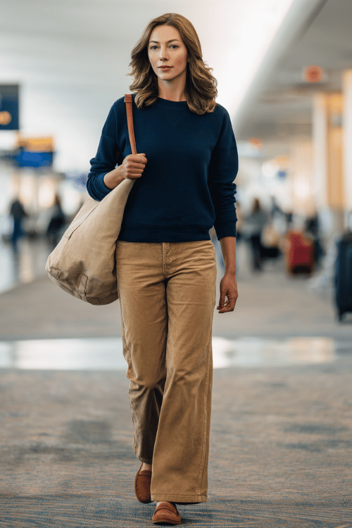 a woman rolling a suitcase through a busy airport terminal, dressed in a deep navy blue crewneck sweatshirt, camel wide-leg trousers, and tan suede loafers, canvas tote over her shoulder