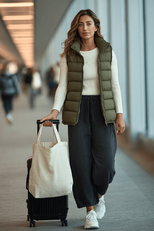 a woman rolling a suitcase through a busy airport terminal, dressed in a deep olive puffer vest over a cream ribbed long-sleeve top, dark wide-leg joggers, and white chunky sneakers