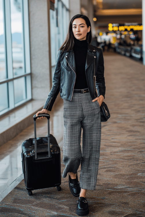 a woman rolling a suitcase through a busy airport terminal, dressed in a sleek black leather jacket with silver hardware details, black fitted turtleneck, wide-leg plaid trousers