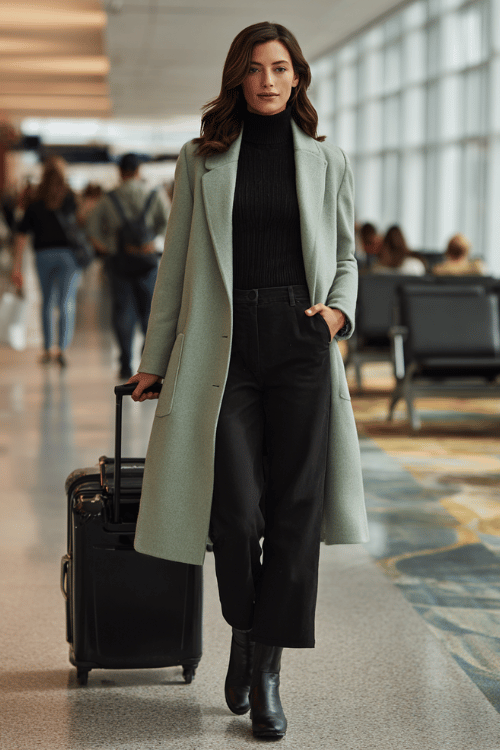 a woman rolling a suitcase through a busy airport terminal, dressed in a soft sage green wool wrap coat, black ribbed turtleneck, tailored black wide-leg trousers