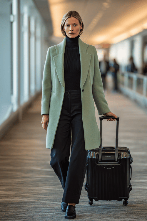a woman rolling a suitcase through a busy airport terminal, dressed in a soft sage green wool wrap coat, black ribbed turtleneck, tailored black wide-leg trousers