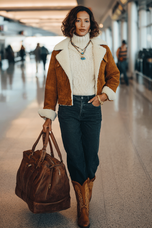 a woman rolling a suitcase through a busy airport terminal, dressed in a warm rustic fall aesthetic burnt sienna shearling-lined denim jacket, cream cable-knit turtleneck sweater