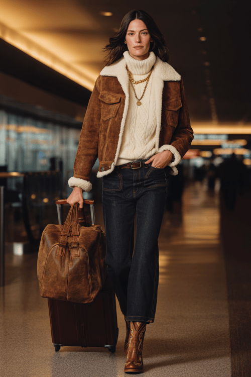a woman rolling a suitcase through a busy airport terminal, dressed in a warm rustic fall aesthetic burnt sienna shearling-lined denim jacket, cream cable-knit turtleneck sweater