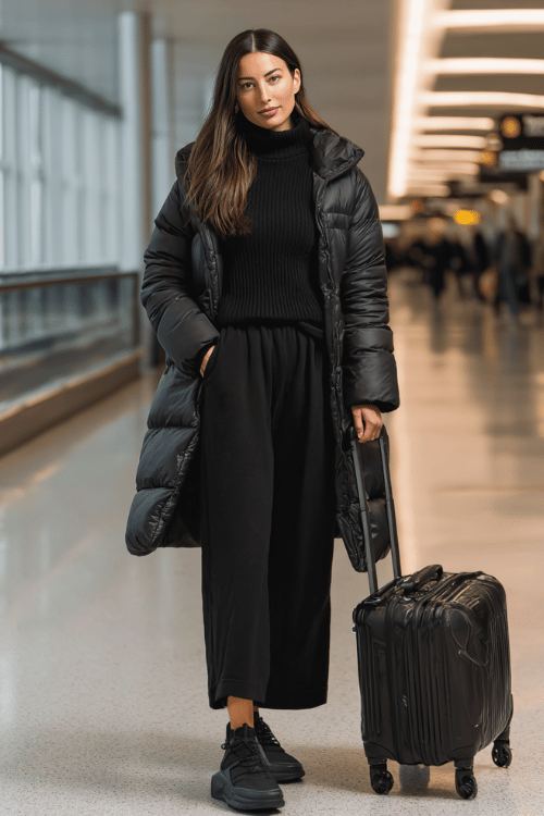 a woman rolling a suitcase through a busy airport terminal, dressed in an all-black NYC uniform black puffer coat, black ribbed turtleneck, black wide-leg trousers