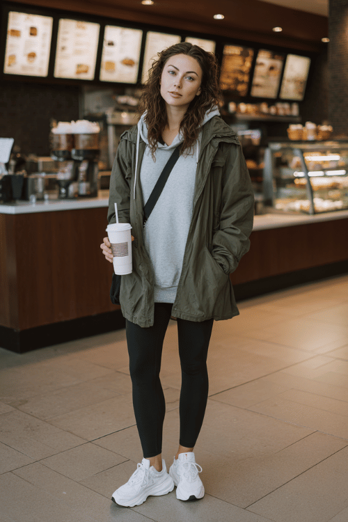 a woman standing at an airport coffee kiosk, wearing a charcoal grey hoodie layered under a lightweight olive anorak jacket, black leggings, and white chunky sneakers