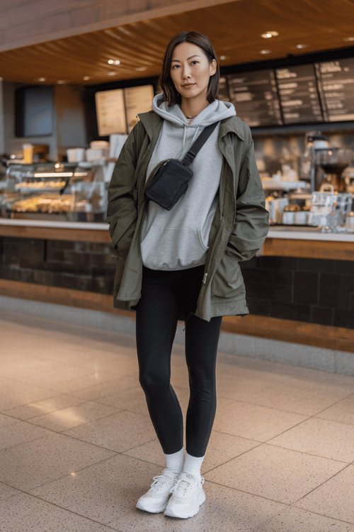 a woman standing at an airport coffee kiosk, wearing a charcoal grey hoodie layered under a lightweight olive anorak jacket, black leggings, and white chunky sneakers