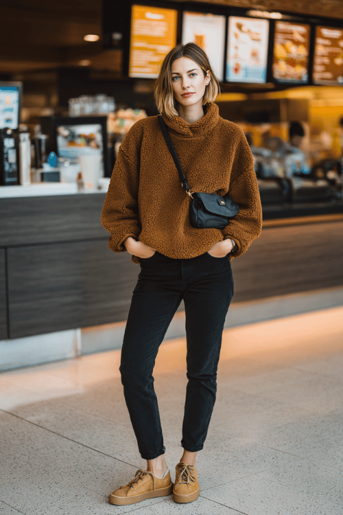 a woman standing at an airport coffee kiosk, wearing a cinnamon brown sherpa pullover, black straight-leg jeans, and tan slip-on sneakers, small crossbody bag