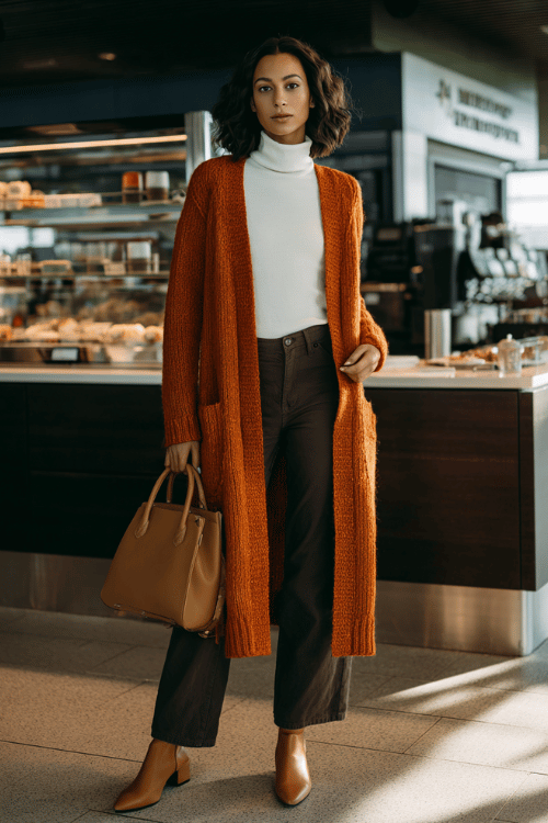 a woman standing at an airport coffee kiosk, wearing a longline rust-orange knit cardigan over a white fitted turtleneck, dark straight-leg trousers, and tan pointed-toe ankle boots