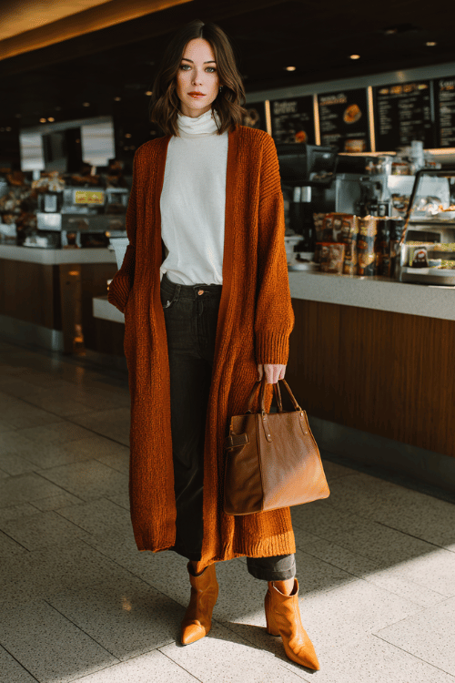 a woman standing at an airport coffee kiosk, wearing a longline rust-orange knit cardigan over a white fitted turtleneck, dark straight-leg trousers, and tan pointed-toe ankle boots