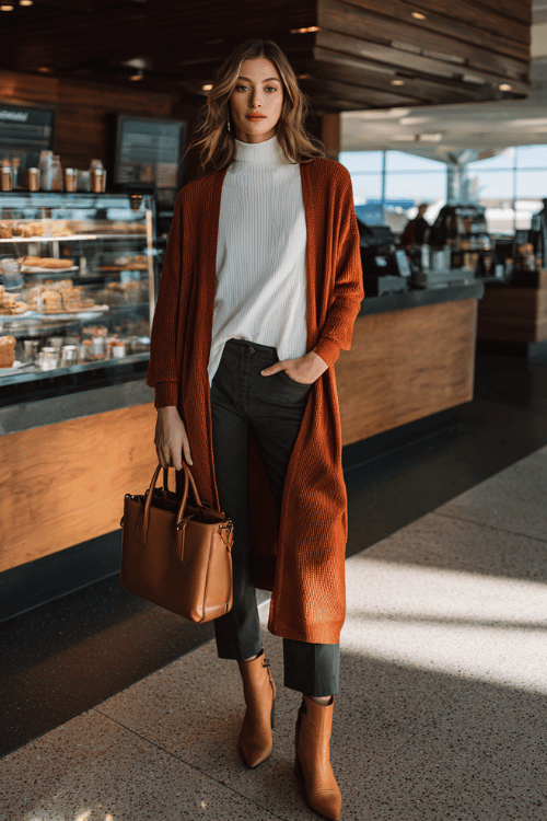 a woman standing at an airport coffee kiosk, wearing a longline rust-orange knit cardigan over a white fitted turtleneck, dark straight-leg trousers