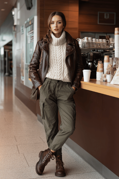 a woman standing at an airport coffee kiosk, wearing a rich chocolate brown leather jacket, cream cable-knit sweater, straight-leg olive green trousers, and brown lug-sole ankle boots