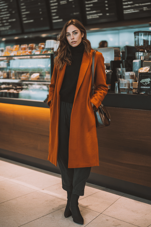 a woman standing at an airport coffee kiosk, wearing a rust-orange tailored midi coat, black fitted ribbed turtleneck, slim dark trousers, and black pointed-toe ankle boots 