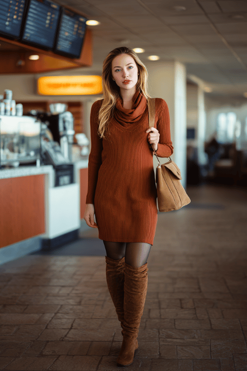 a woman standing at an airport coffee kiosk, wearing a warm terracotta ribbed knit dress, opaque dark tights, cognac knee-high boots, and a camel wool mini shoulder bag