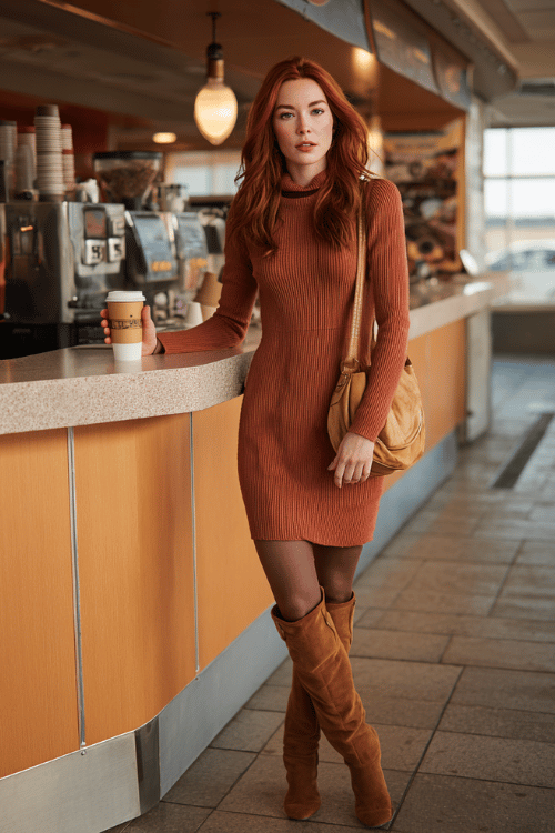a woman standing at an airport coffee kiosk, wearing a warm terracotta ribbed knit dress, opaque dark tights, cognac knee-high boots, and a camel wool mini shoulder bag