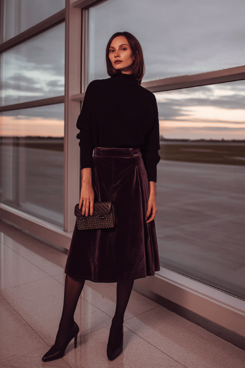 a woman standing near floor-to-ceiling airport windows at dusk, dressed in a moody romantic fall aesthetic deep plum velvet midi skirt, oversized black knit sweater 