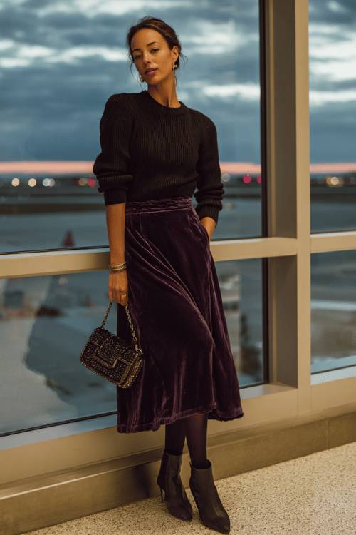 a woman standing near floor-to-ceiling airport windows at dusk, dressed in a moody romantic fall aesthetic deep plum velvet midi skirt, oversized black knit sweater