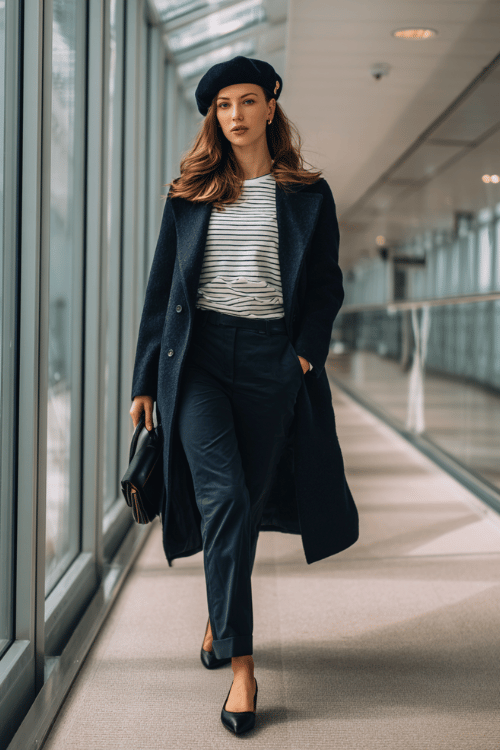 a woman striding through a glass-walled airport corridor, dressed in a bold Parisian chic fall aesthetic deep navy beret, matching navy longline wool coat, white fitted striped top