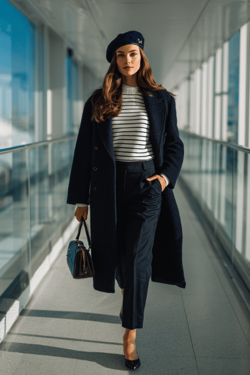 a woman striding through a glass-walled airport corridor, dressed in a bold Parisian chic fall aesthetic deep navy beret, matching navy longline wool coat