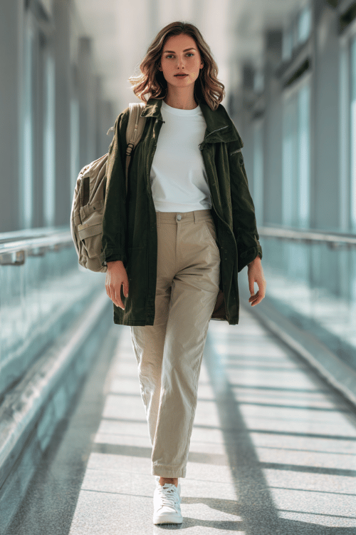 a woman striding through a glass-walled airport corridor, dressed in a forest green anorak jacket, white long-sleeve fitted tee, straight-leg khaki trousers