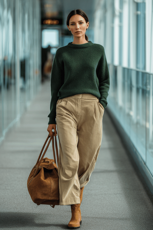 a woman striding through a glass-walled airport corridor, dressed in a forest green cashmere pullover sweater, tailored beige wide-leg trousers, and tan suede Chelsea boots