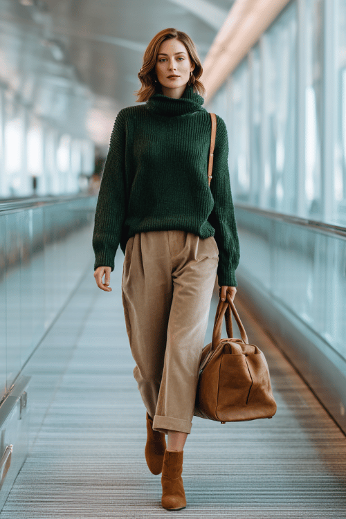 a woman striding through a glass-walled airport corridor, dressed in a forest green cashmere pullover sweater, tailored beige wide-leg trousers, and tan suede Chelsea boots