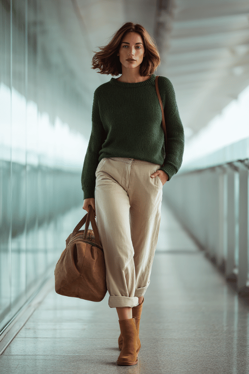 a woman striding through a glass-walled airport corridor, dressed in a forest green cashmere pullover sweater, tailored beige wide-leg trousers, and tan suede Chelsea boots